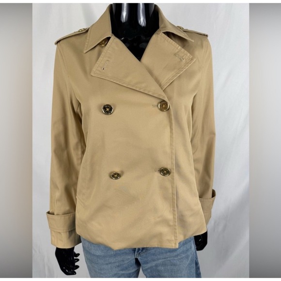 Michael Kors Cropped Trench Coat Double Breasted Jacket Khaki Size P/M - Picture 3 of 4
